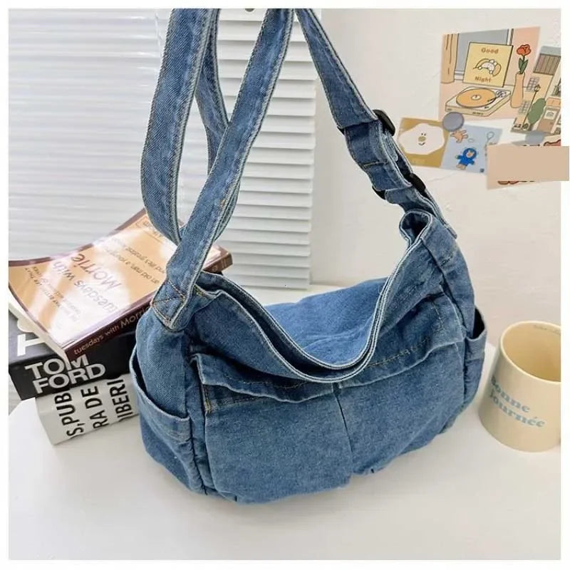 Denim Vintage Messenger Bag for Women Tote Handbag Fashion Jeans Crossbody Shoulder Bag Large Capacity Causal Ladies Satchel Bag