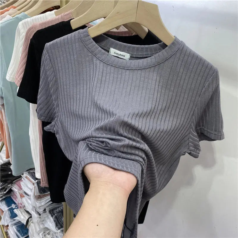 Summer Women Pullover Short Sleeves Bottoming Shirts O-Neck Elastic Slim Thread Fashion Korean T-Shirts Various Colors Available