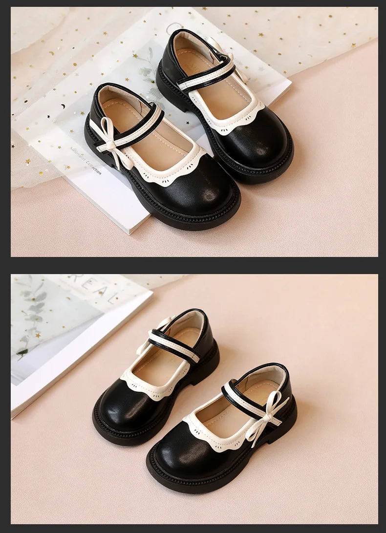 Autumn New Girl Leather Shoes Bowtie Black Beige School Causal Children Flat Elegant Round Toe Fashion Patchwork Kids Mary Janes