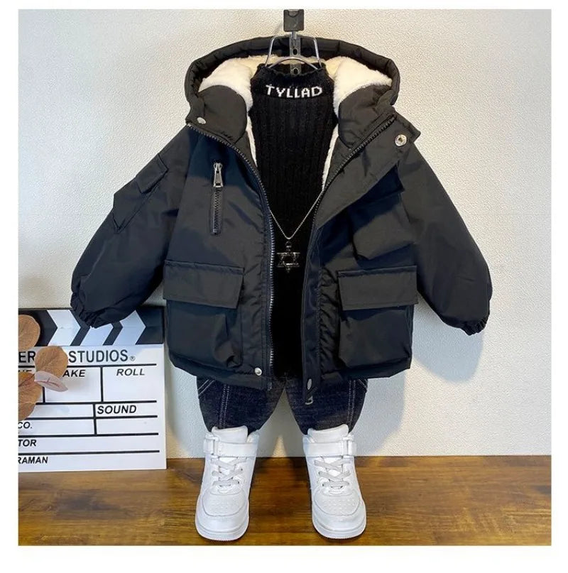 2023 Winter Boys Jacket Children Clothing Keep Warm Cotton Thicken Coats Kids Zipper Hooded Outerwear Plus Velvet Jackets