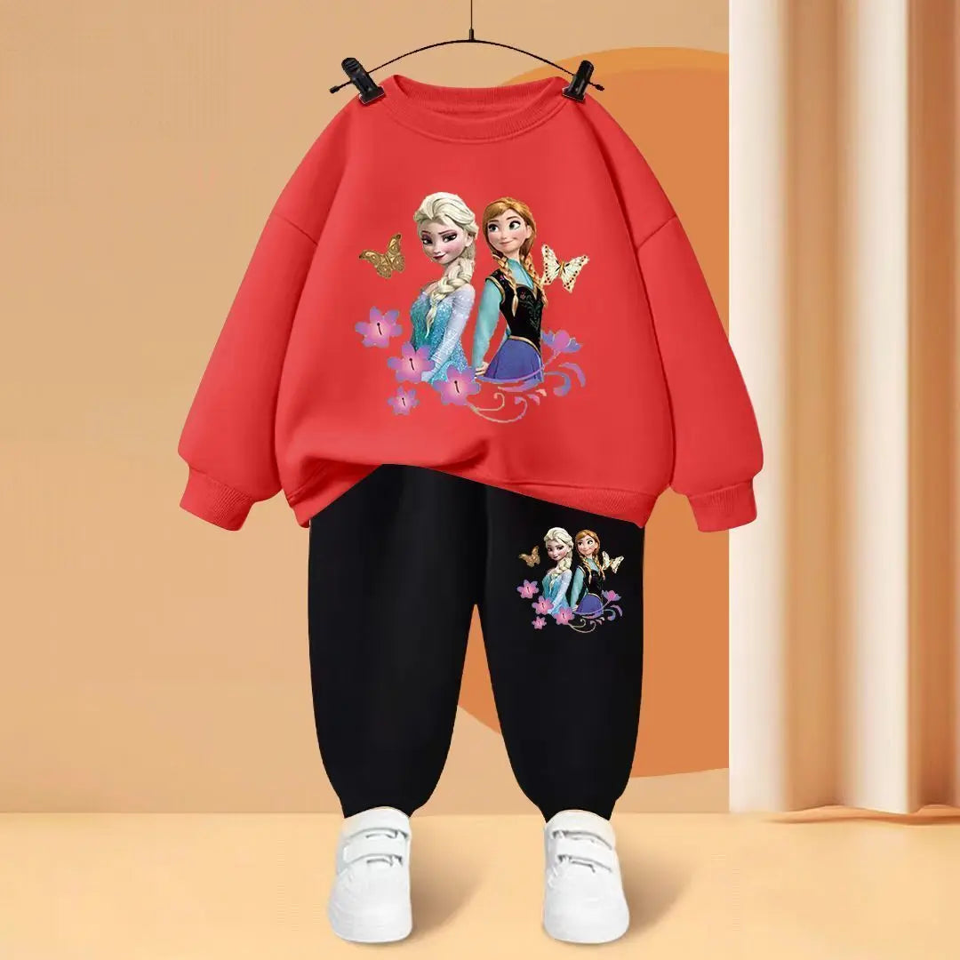 Disney Children's Sweatshirt Sets Baby Girls O Neck Pullover Pants Two Piece Elsa Princess Cartoon Printed Kids Tracksuit