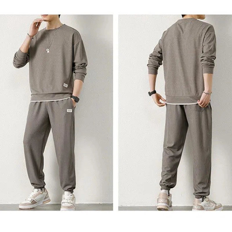 Spring Autumn New Men Waffle Two-Piece Casual Loose Long Sleeve and Pants O Neck Solid Color Pullover+outdoor Running Pants Set