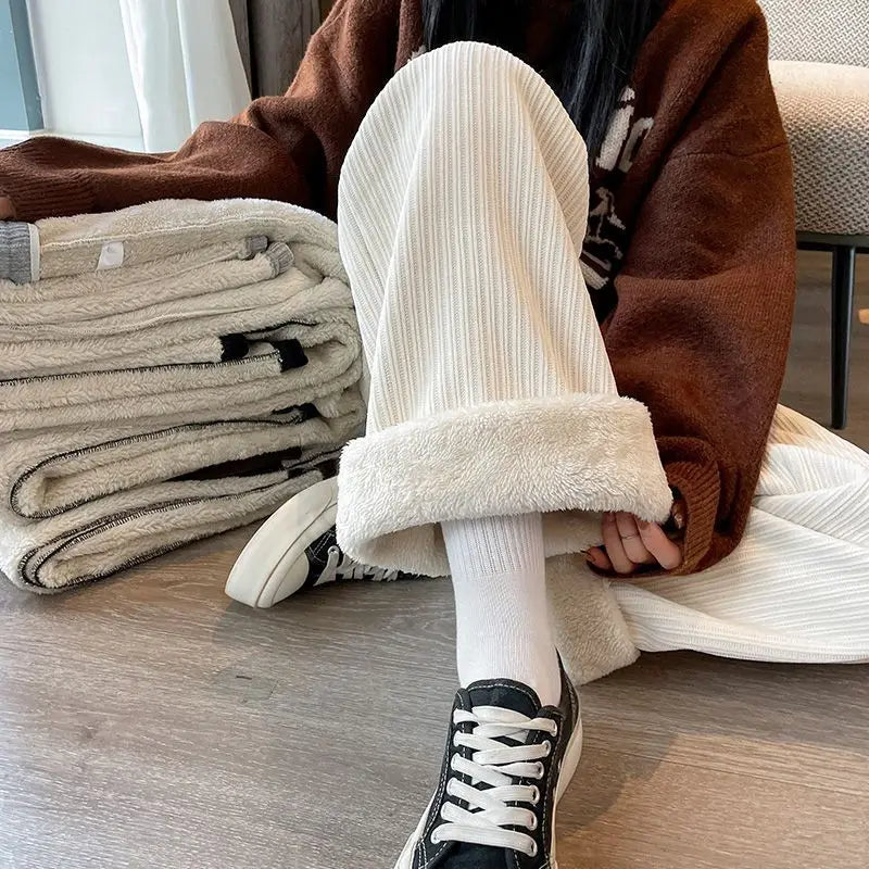 Women Winter Fleece Lined Wide Leg Pant Korean Warm Baggy Fashion Casual Corduroy Elastic Waist Stright High Waist Trousers