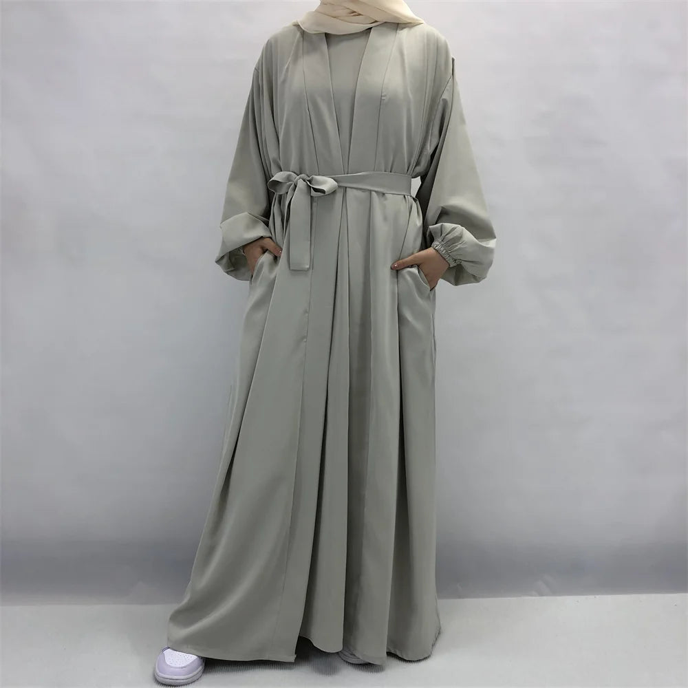 Dropshipping Nida 2 Piece Abaya Set Kimono Match Inner Slip Islamic Clothing Dubai Muslim Women Maxi Dresses with Belt Pockets