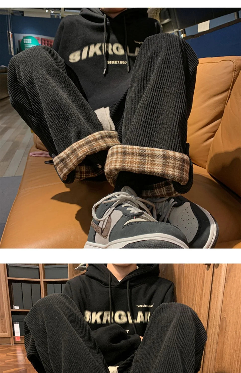 Men's Casual Pants Autumn Winter Warm Straight Corduroy Fleece Trousers Lattice Casual Waist Harajuku Loose Wide Leg Pants