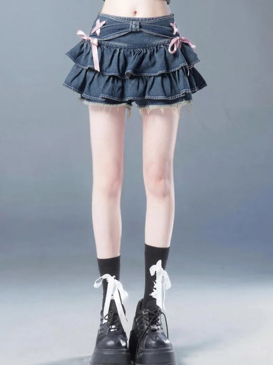 Blue Denim Pleated Skirt Bow Fold Design Women's A-line Short Skirt Built in Shorts American Spicy Girl Korean Fashion Hotsweet