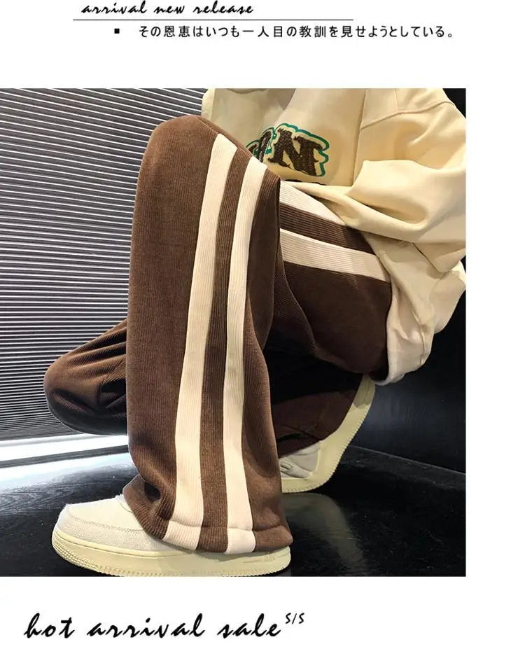 Fleece Thicken Corduroy Wide-leg Pants Men's Harajuku High Street Side Stripes Pants Casual Straight Elastic Waist Sweatpants