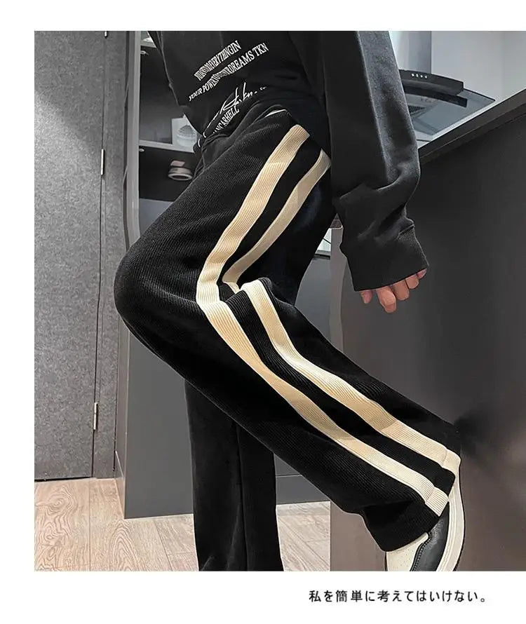 Fleece Thicken Corduroy Wide-leg Pants Men's Harajuku High Street Side Stripes Pants Casual Straight Elastic Waist Sweatpants