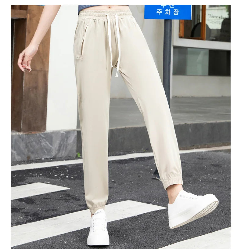 Women Pants Ice Silk High Waist Casual Ankle-Length Trousers Elastic Waist Soft Lightweight Quick-drying Sunscreen Trousers