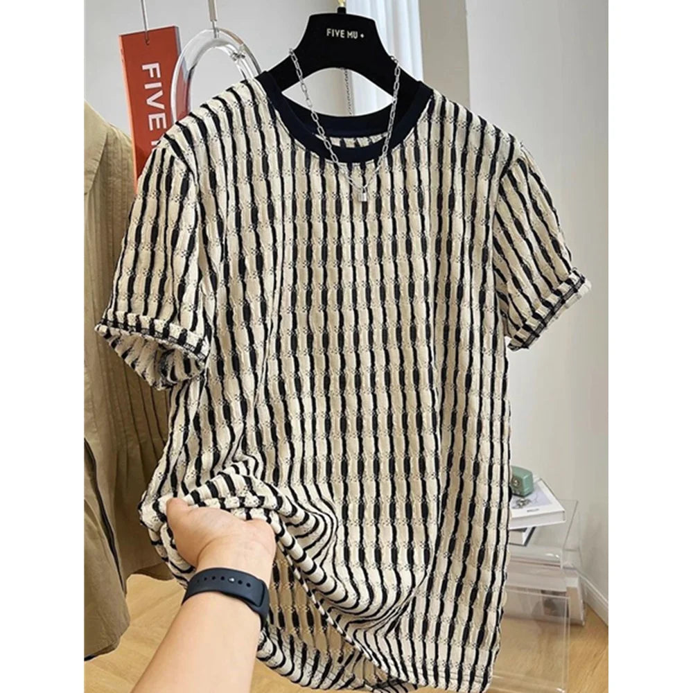 Men's Summer Hollow Stripes Short Sleeved Men's O-Neck Hip-hop Street High Street Couple T-shirt Streetwear Outdoor for Clothing