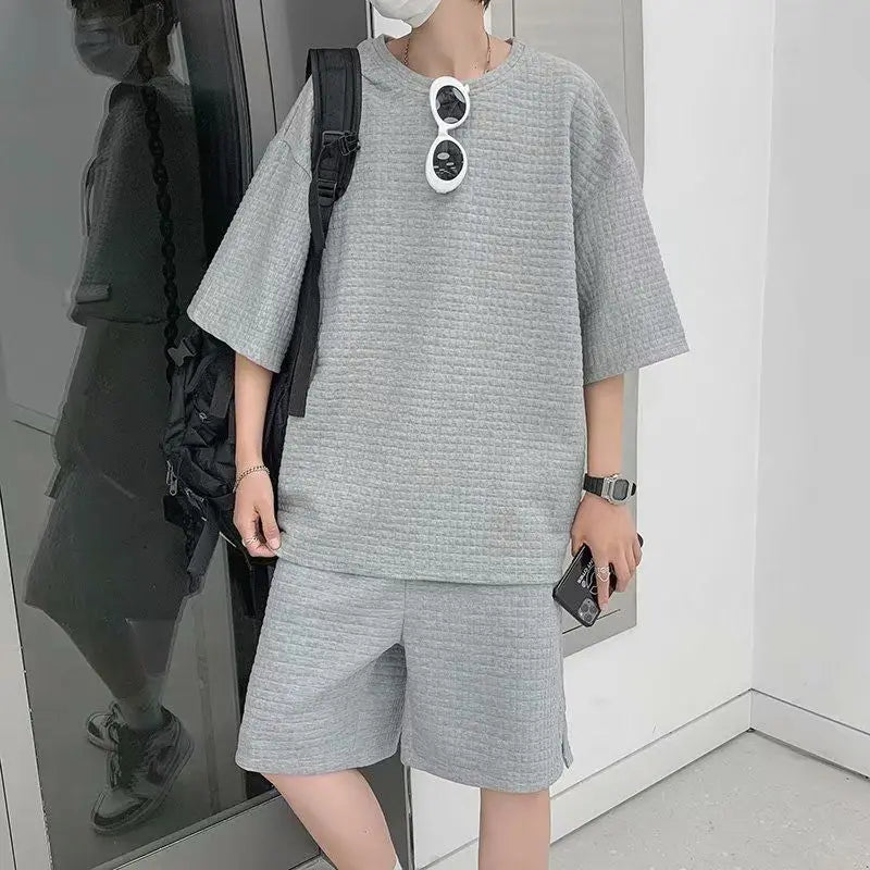 Men's Summer Waffle Two Piece Set Half Sleeve T-shirt Shorts Casual O-neck Hong Kong Style Loose Sports Fashion Suit 3 Colors