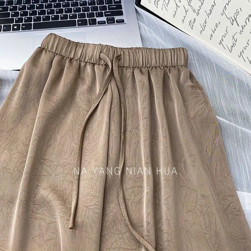 Spring Summer Ice Silk Satin Women's Pants Commuting High Waist Loose Straight Drape Casual Wide Leg Folds Full Length Pants