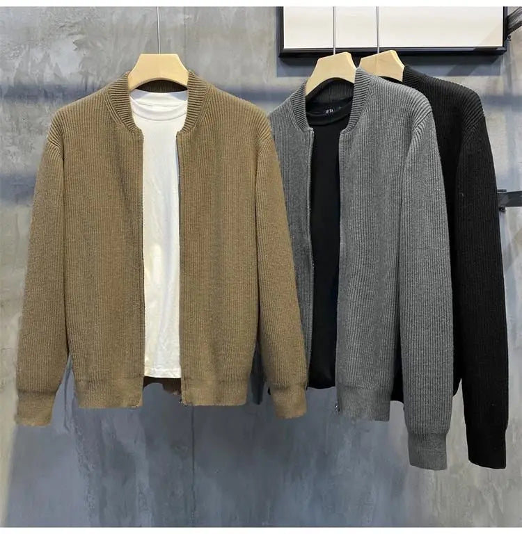 Men's Knitted Cardigan Warm Double Zipper Pit Stripe Slim Fit Sweater Casual Versatile Trend Baseball Collar Sweater Coat