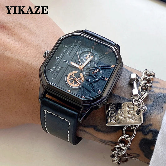 YIKAZE Alloy Men Quartz Watches Leather Strap Big Dial Student Square Sports Watch Cool Black Men's Watch Waterproof  Wristwatch