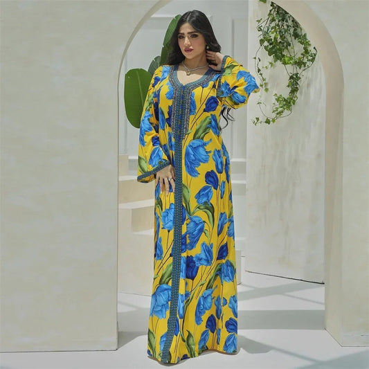 Abaya Elegant Ethnic Print Maxi Dress For Women Spring Autumn 2024 Muslim Jalabiya Dubai Turkey Moroccan Caftan Femme Clothes