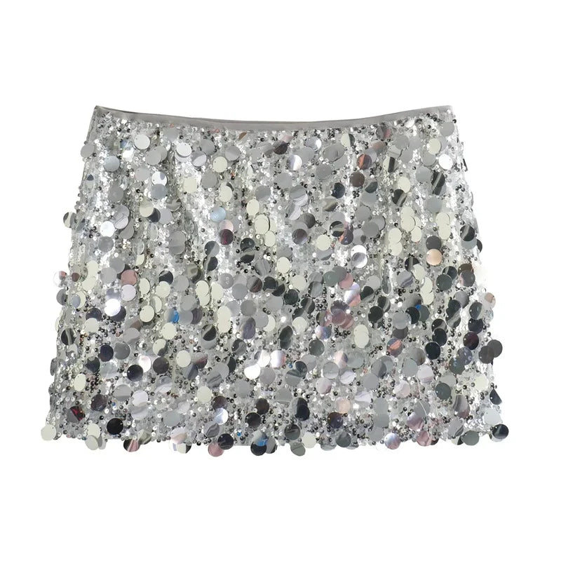 TRAF Silver Sequin Skirt Woman High Waist Mini Skirt Woman Fashion Shiny Glitter Elegant Short Skirts For Women 2024 Y2k Skirts