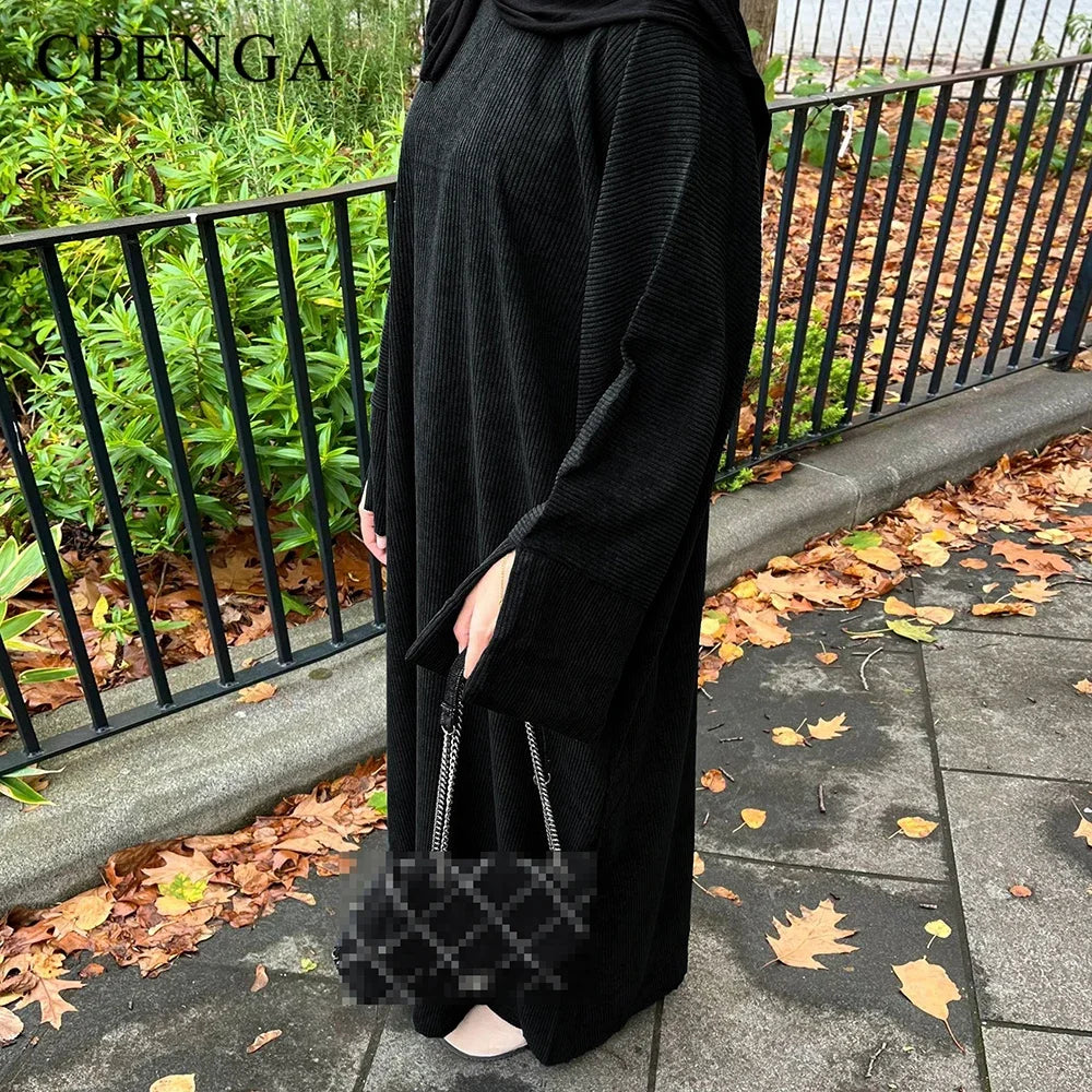 Warm Winter Abayas Muslim Women Corduroy Abaya 2023 New Modest Dress Thicked Solid Color Long Robe Female Islam Clothing