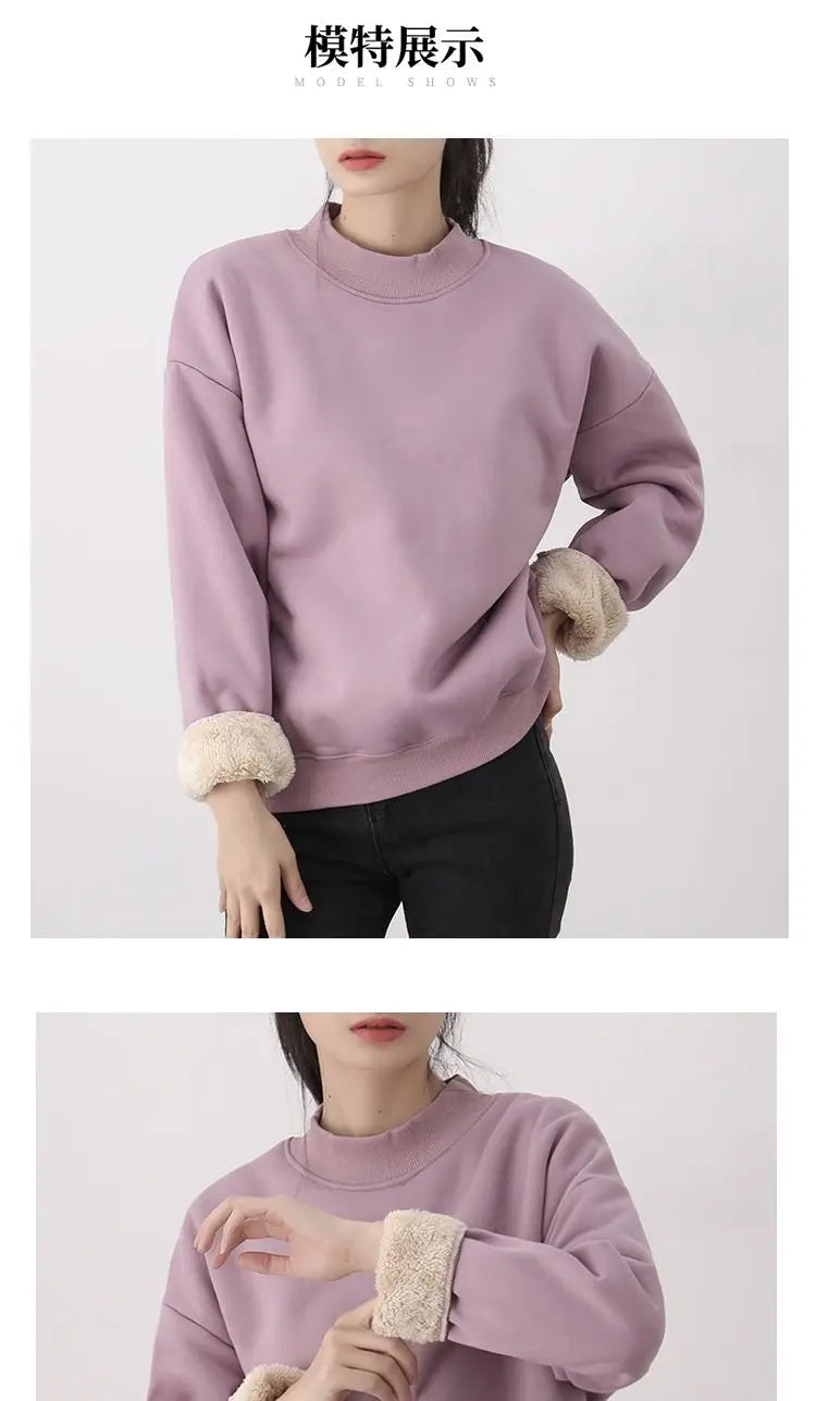 Fleece Pullover Sweatshirts For Women Autumn Turtleneck Long Sleeve Basic Solid Plus Velvet Thickened Sweater Female Clothes