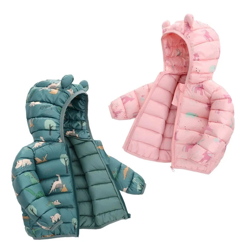 Baby Kids Jacket For Girls Hooded Coats Winter Children Cartoon Print Light Outerwear Infants Girls Boys Jacket Cotton Down Coat