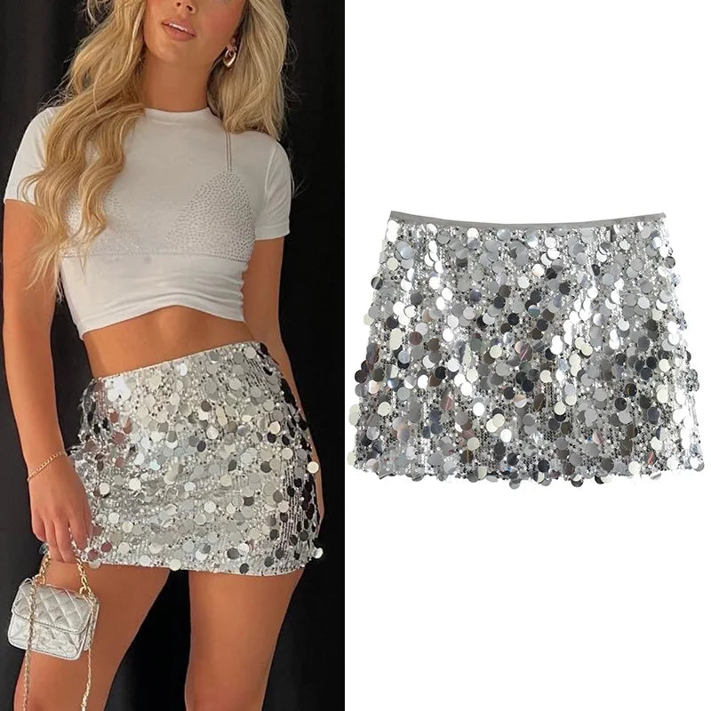 TRAF Silver Sequin Skirt Woman High Waist Mini Skirt Woman Fashion Shiny Glitter Elegant Short Skirts For Women 2024 Y2k Skirts