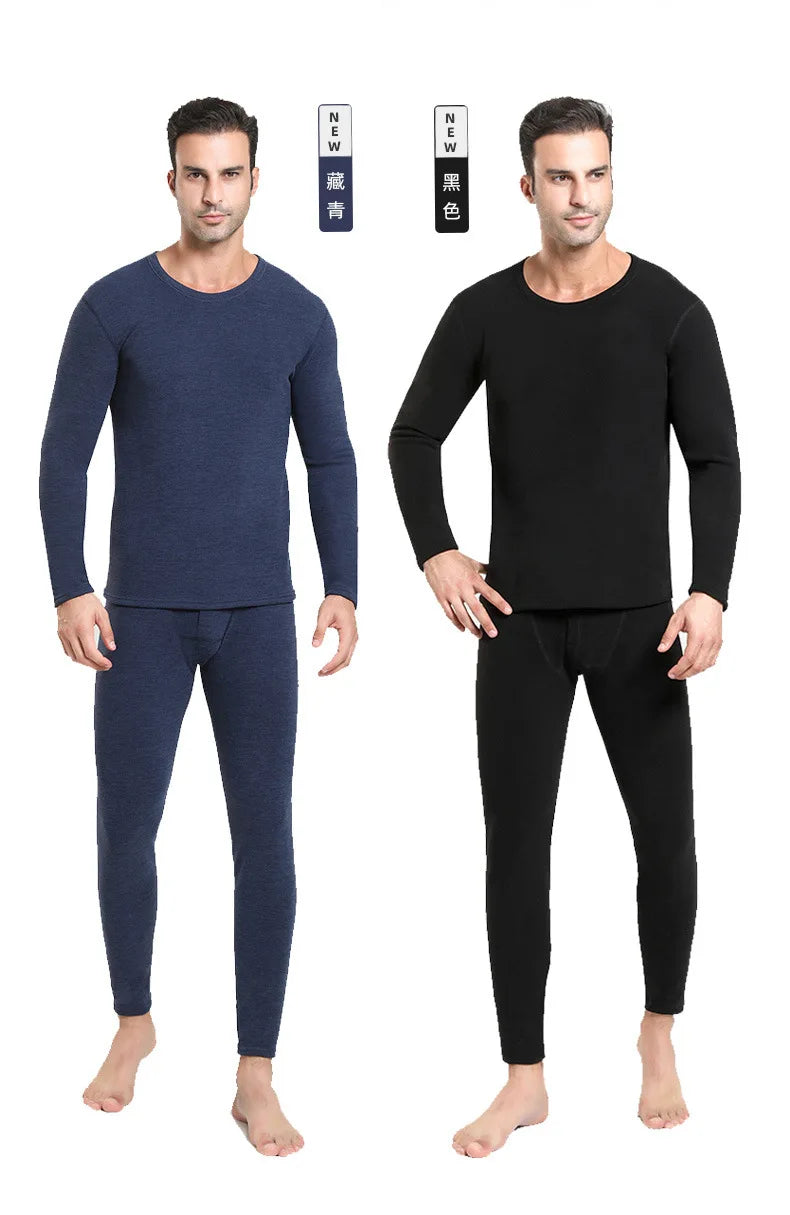 Couple Winter Solid Color Thermal Underwear Sets Soft Thicken Fleece-lined Warm Cold-proof Long Johns Top & Bottom 2 Piece Set