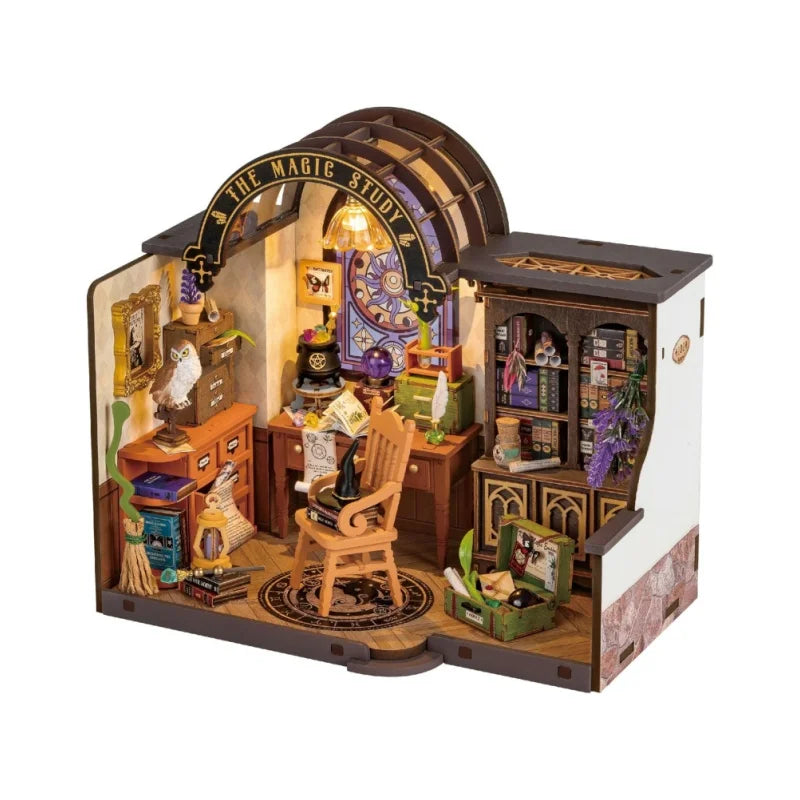 Robotime Magic Study DIY Miniature House Kit with LED and Furniture Wooden Dollhouse Model Building Kit Gift for Children Adults