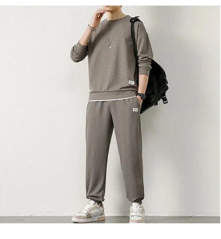 Spring Autumn New Men Waffle Two-Piece Casual Loose Long Sleeve and Pants O Neck Solid Color Pullover+outdoor Running Pants Set