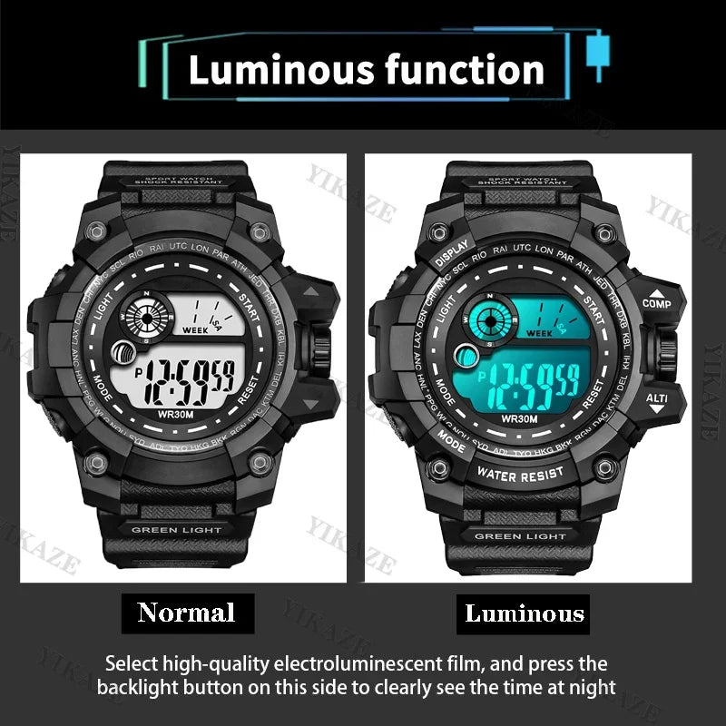 YIKAZE Men's Sport Watch Stopwatch Count Down Multifuction Men Digital Watches Waterproof Outdoor Military Clock Gift Watch