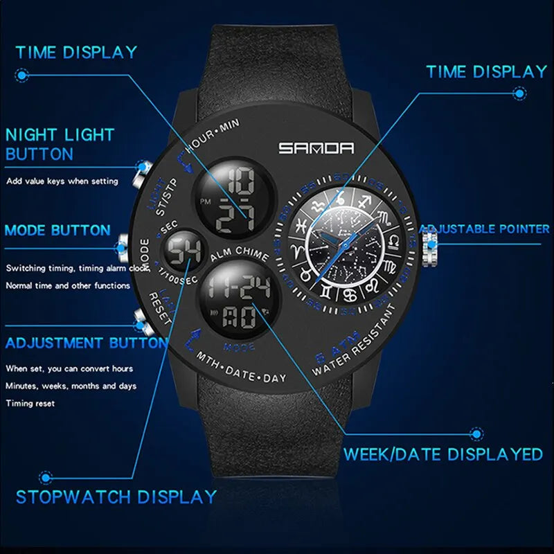 SANDA 2023 Fashion Outdoor Mens Watches Top Brand Military Sports Quartz Watch Dual Display Creative Wristwatch Waterproof Clock