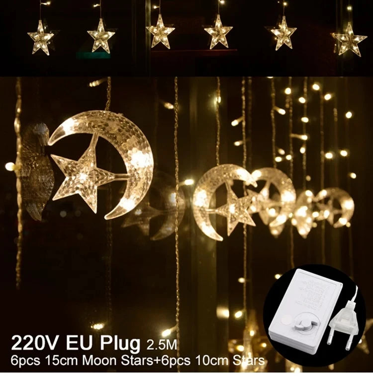 Eid Moon Star Curtain Garland Led String Light Ramadan Decoration Islam Muslim Party Decor Eid Al Adha Gift Eid Mubarak