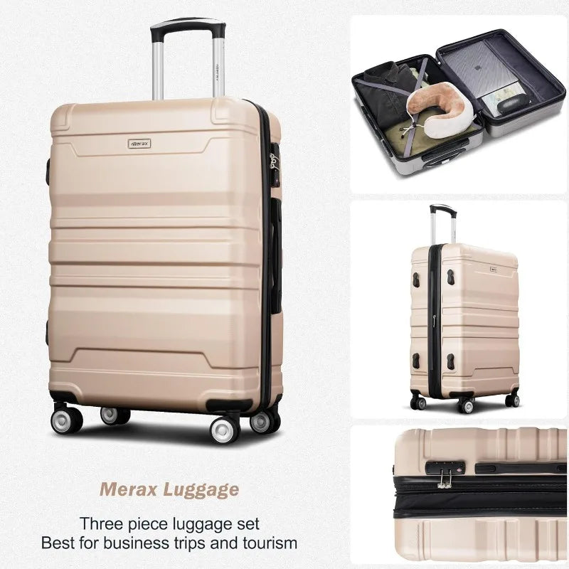 Luggage Sets 3 Piece Suitcase, Hardside Suit case with Spinner Wheels Lightweight TSA Lock, Ivory/Brown, 20/24/28 Inch