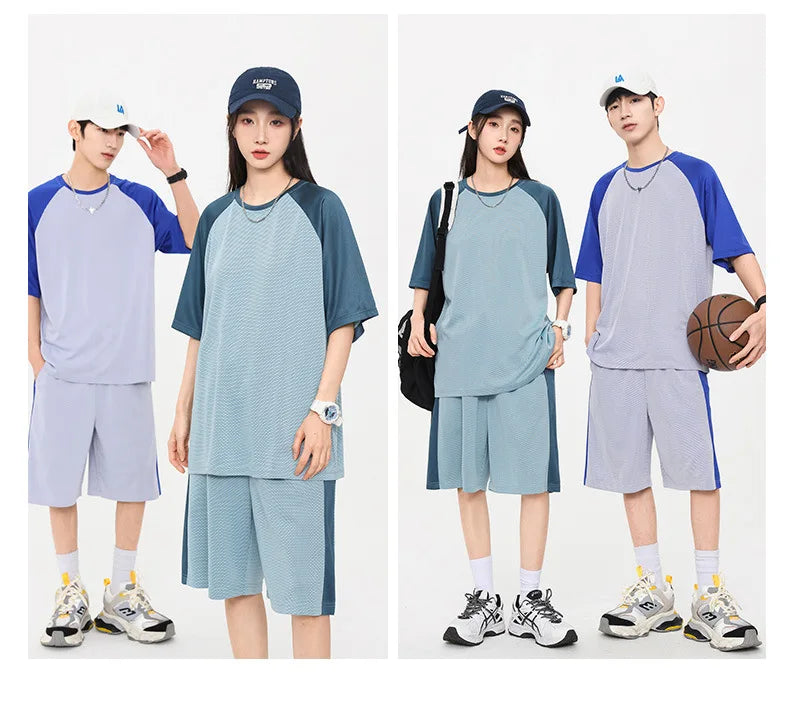 Oversized Summer Breathable Mesh Men Set Couple Outfit Patchwork Casual Women Short Sleeve Wide Leg Shorts Tracksuit 2pcs Set