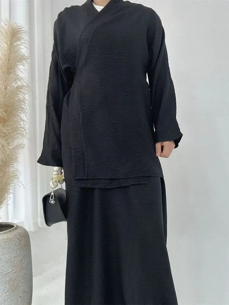 Eid Plain 2 Piece Abaya Set Tops Skirt Modest Muslim Sets Abayas For Women Clothing Robe Caftan Marocain Femme Musulmane Kaftan