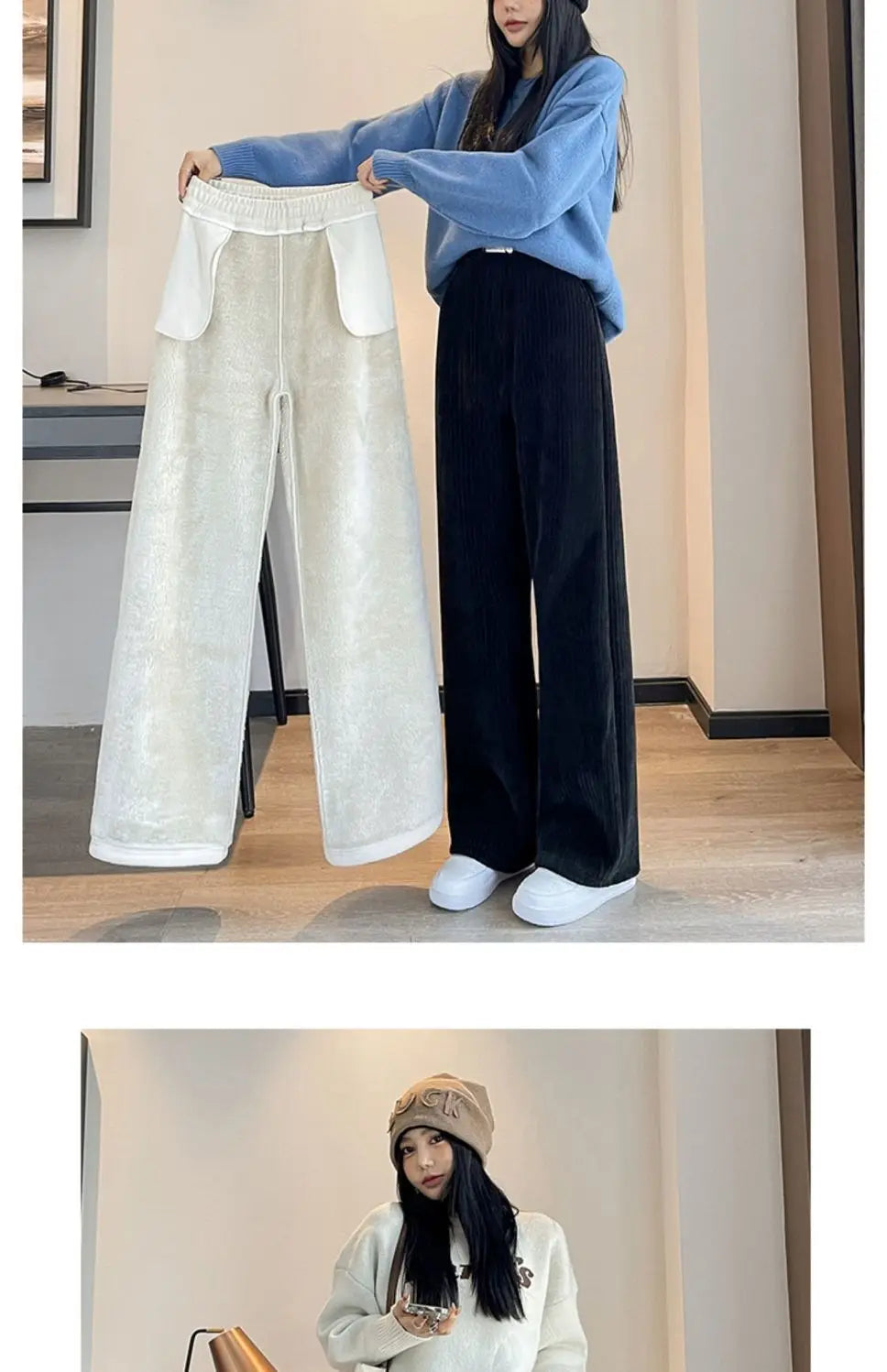 Women Winter Fleece Lined Wide Leg Pant Korean Warm Baggy Fashion Casual Corduroy Elastic Waist Stright High Waist Trousers