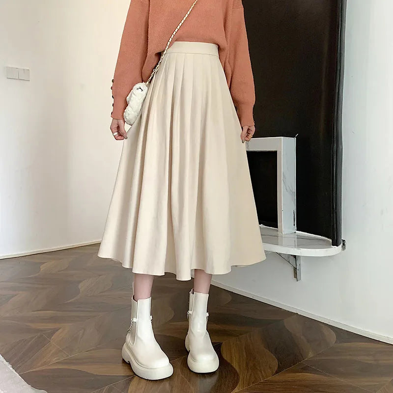 Xpqbb Korean Style Women's Midi Skirt 2022 Autumn High-Waisted Corduroy Long Skirt Women College Style Pleated A-Line Skirts