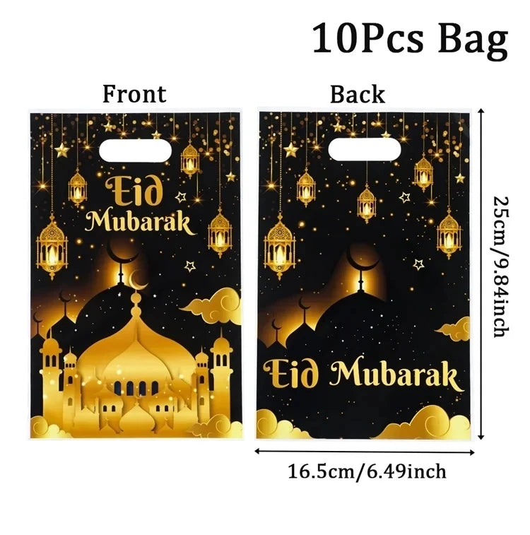 50pcs Eid Mubarak Gift Bags Plastic Bag Cookie Candy Ramadan Kareem Decoration 2024 Islamic Muslim Party Packaging Bag Pouch