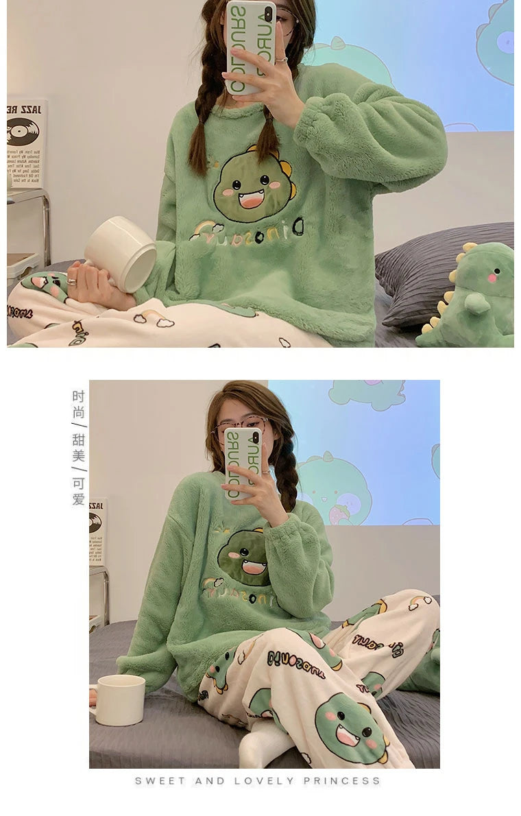 Autumn Winter Women's Pajamas Cute Cartoon Printed Sleepwear Casual Home Wear Set Girl Knitted Size M-3XL Pijamas Fashion Pyjama