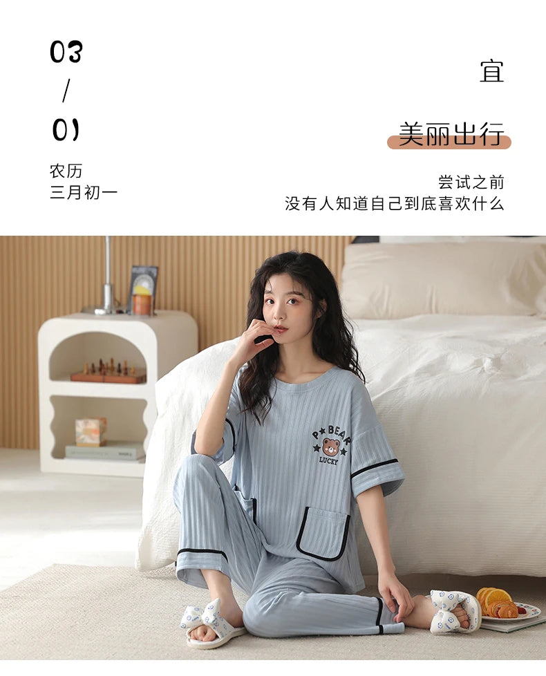 Big Size 5XL Pajama Sets Short Sleeved Cartoon Bear Knitted PJ Plaid Sleepwear Elegant Women's Pajamas Lounge Home Pijama Mujer