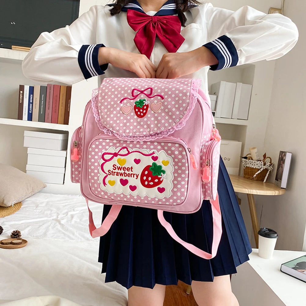 Kawaii Kids School Bag Cute Strawberry Embroidery Student Mochila Dots Multi-Pocket Nylon Fashion College for Teenager Girl