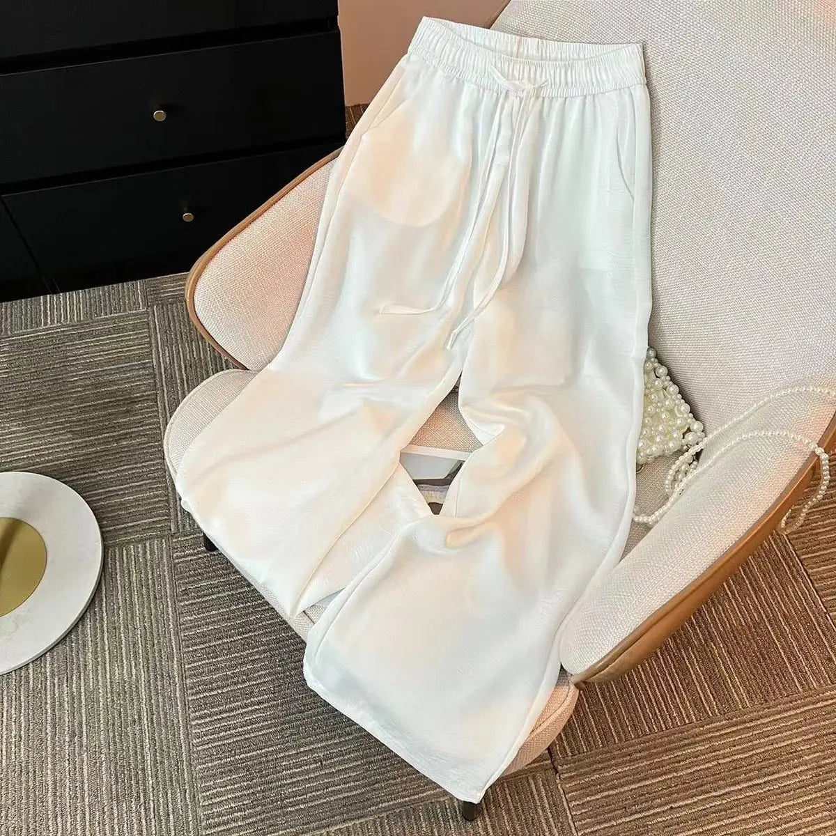 Spring Summer Woman Vintage Jacquard Trousers High Quality Elastic Waist Drawstring Wide Leg Solid Satin Loose Straight Pants