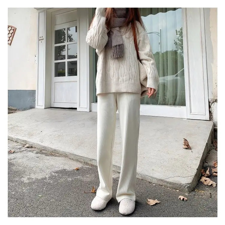 Winter Women Black Fleece Lined Wide Leg Pants Thicken Warm Baggy Drape Sweatpants High Waist Casual Corduroy Straight Pants