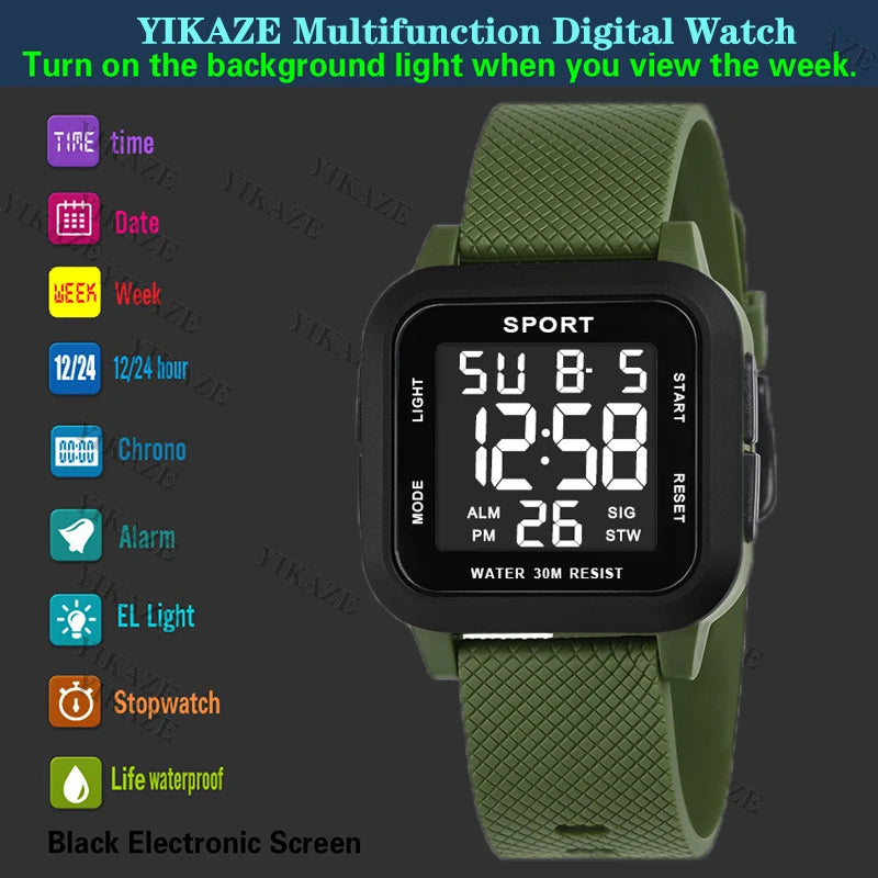 YIKAZE Black Sports Watch Men's Digital Watch Alarm Chrono Clock 3Bar Waterproof Military Men Watches LED Electronic Wristwatch