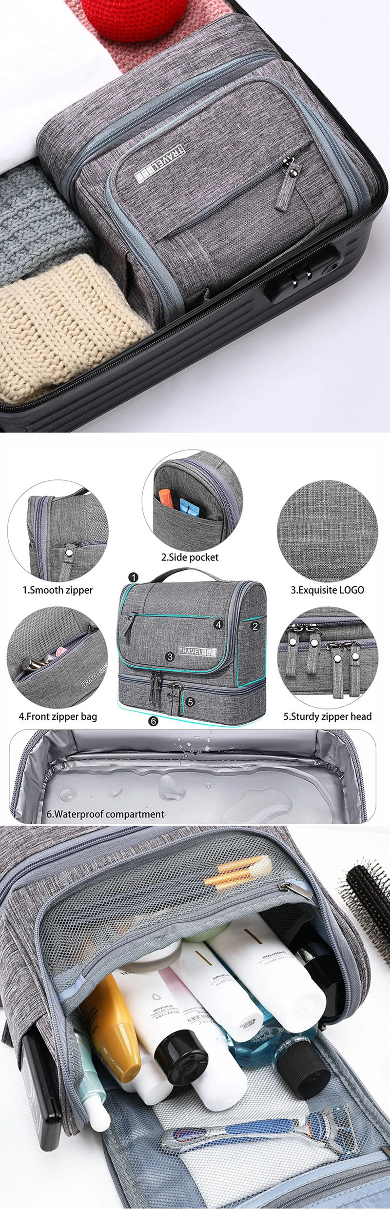 Multi functional Travel Dry wetdual purpose toiletriesbag high-capacity Waterproof make upbag Hanging makeup wash up storagebag