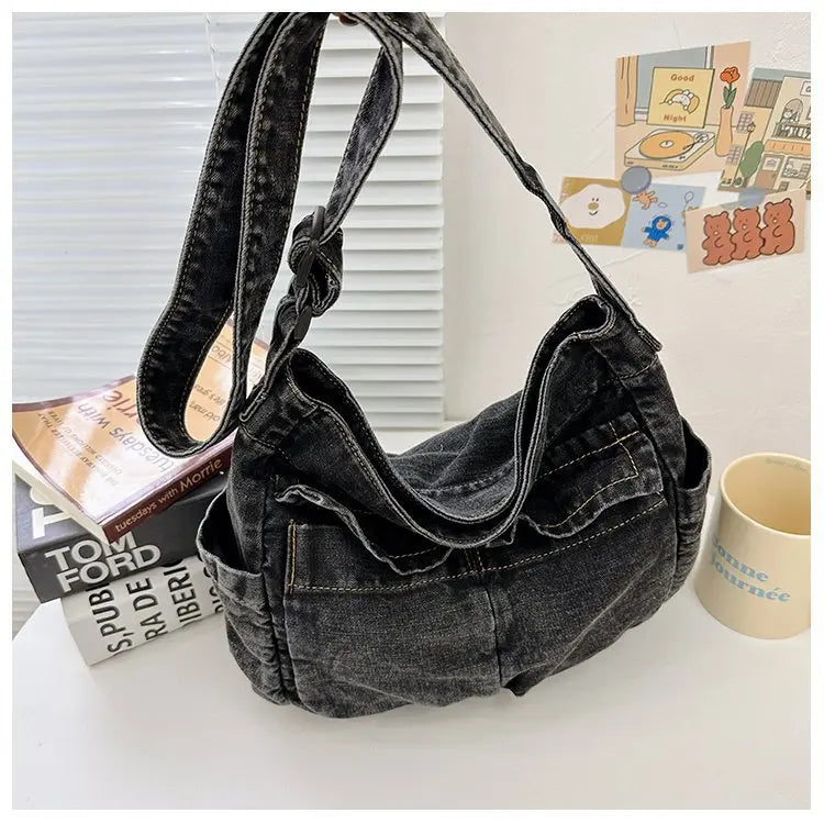 Denim Vintage Messenger Bag for Women Tote Handbag Fashion Jeans Crossbody Shoulder Bag Large Capacity Causal Ladies Satchel Bag