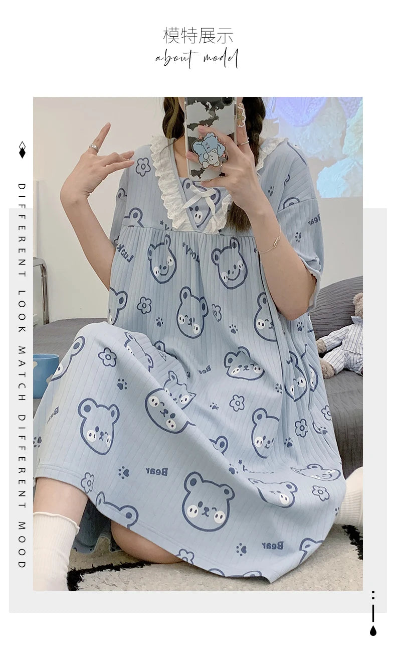 Summer New Knitted Cotton Kawaii Girls Checked Sleep Dress Women's Nightgowns Nighttie Sleepshirts Ladies Dresses Home Fashion