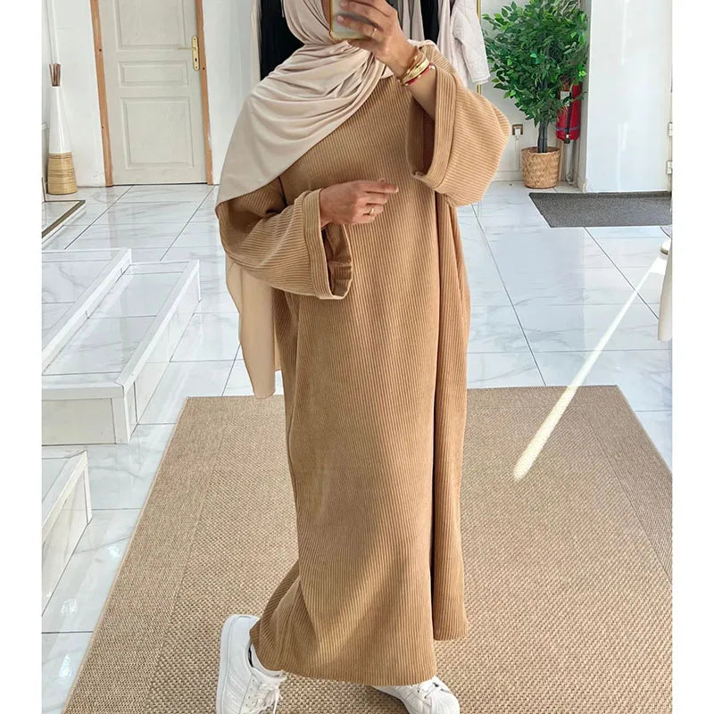 Corduroy Abaya Winter With Side Pocket Thick Warm Ramadan Islamic Clothing High Quality Muslim Women Long Sleeve Modest Dress