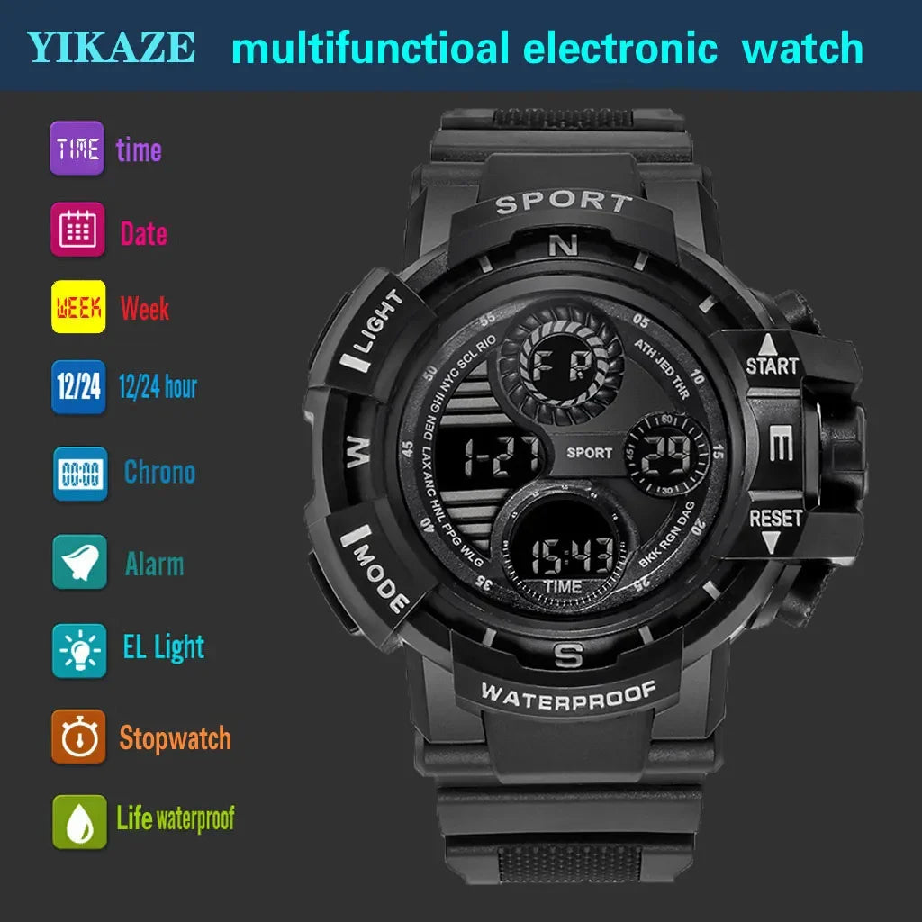 YIKAZE Men's LED Digital Watch Men Sport Watches Fitness Electronic Watch Multifunction Military Sports Watches Clock Kids Gifts