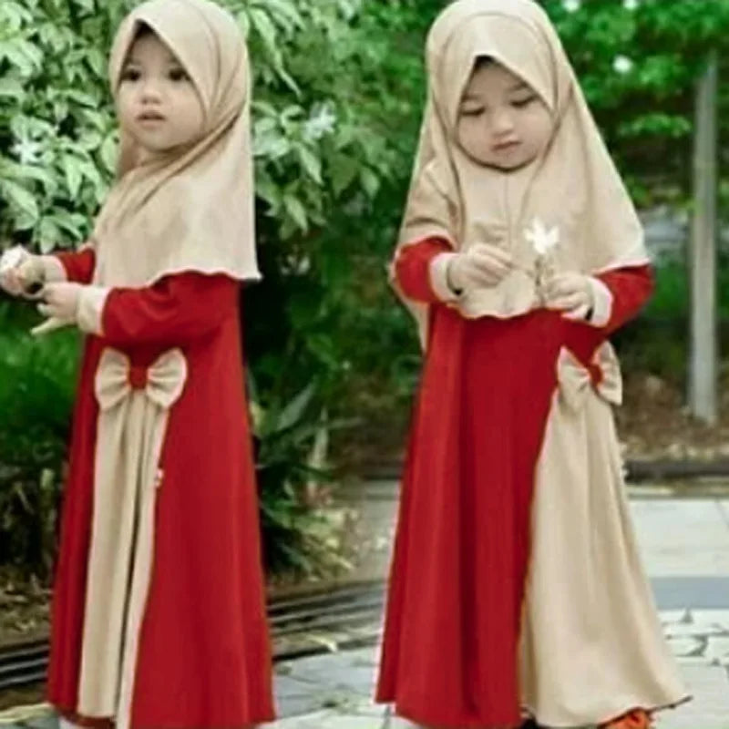 2Pcs Muslim Ramadan Sets Children Girls Prayer Dress Hijab Abaya Arab Kids Long Robe with Headscarf Islamic Robe Kaftan Gown