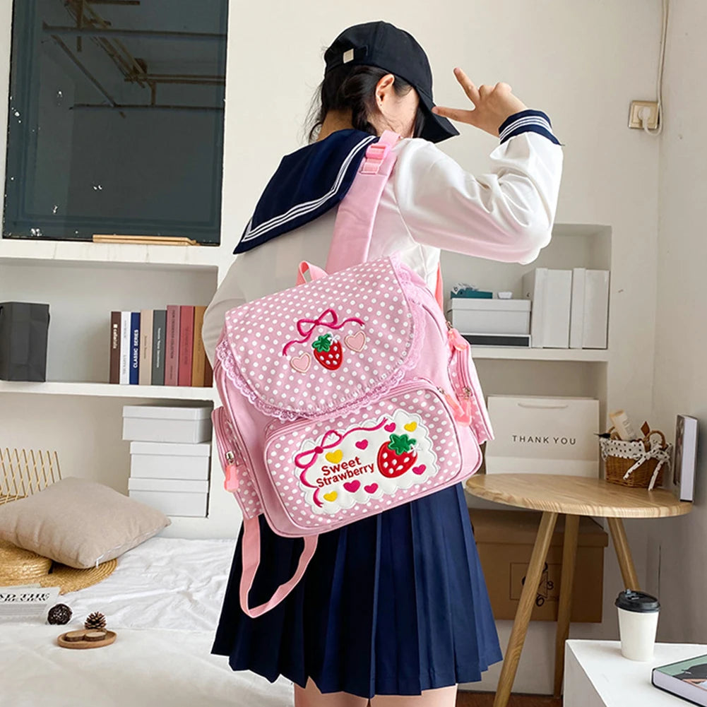 Kawaii Kids School Bag Cute Strawberry Embroidery Student Mochila Dots Multi-Pocket Nylon Fashion College for Teenager Girl