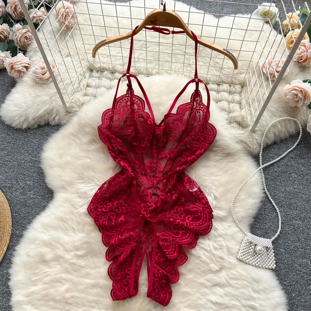 CHILLGIO Sexy Floral Lace Strappy Rompers Women Transparent Erotic Tight Combination Catsuits Club One Piece Backless Bodysuits